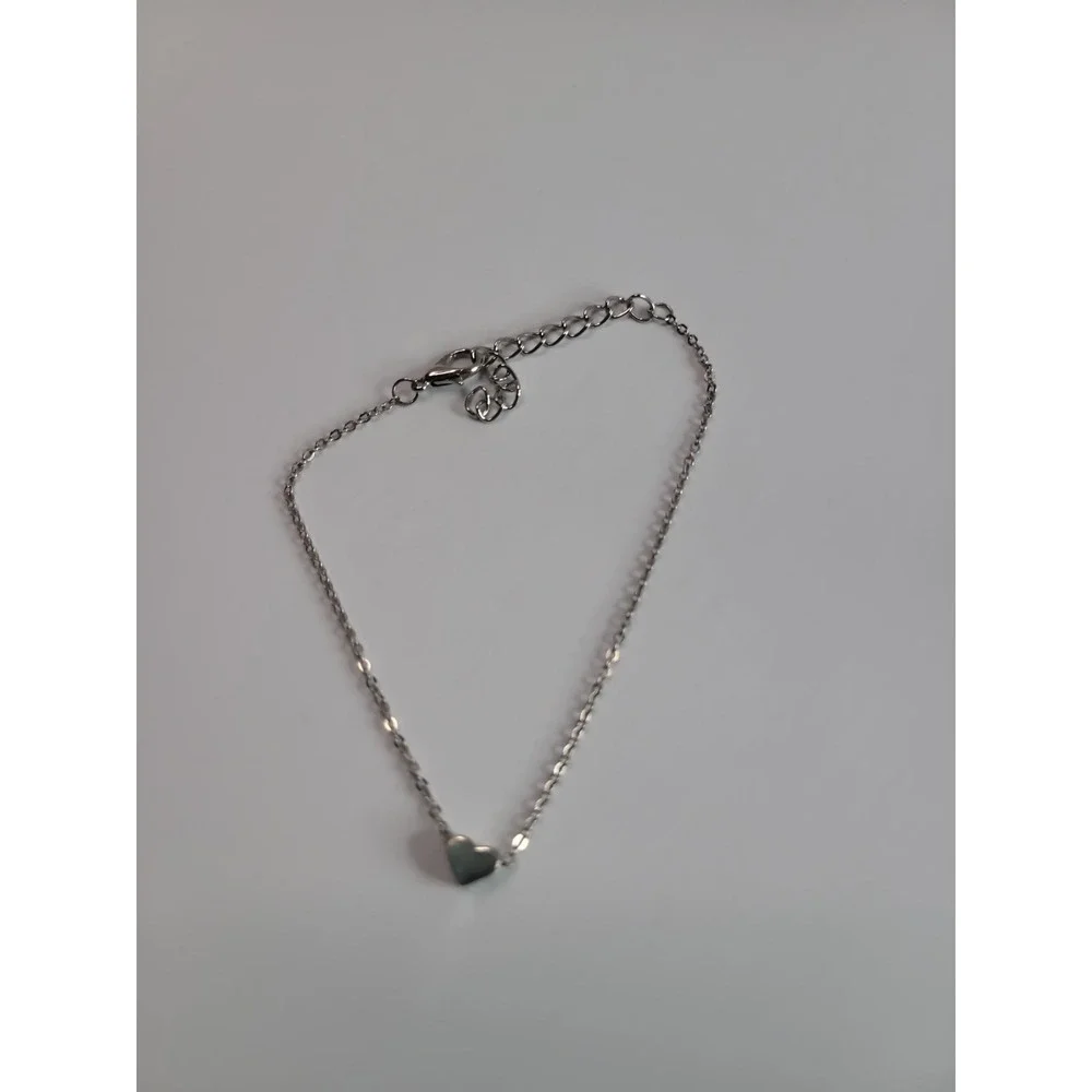 Silver-Tone Dainty Heart Charm Chain Bracelet or Anklet Adjustable Minimalist